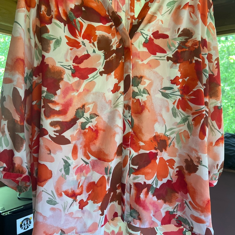 NYDJ Floral Watercolor Button-Up Blouse in Orange and Pink